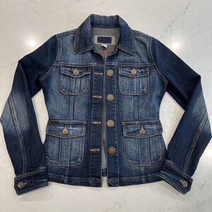 Nori Denim Jean Jacket Womens Sz M Structured Fit Stretch Pockets Big Button Y2K